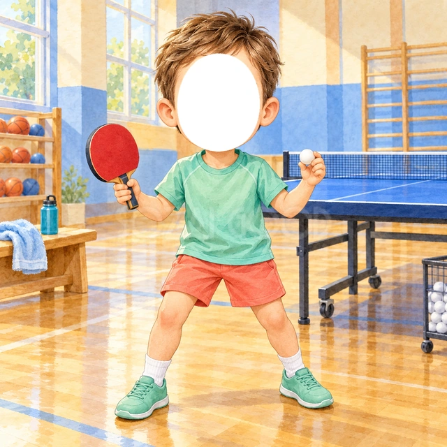 卓球の写真フレーム
緑のシャツと赤い短パンで、卓球選手に変身できます。
赤いラケットと白いボールを持ち、青い卓球台のある体育館を描きました。
卓球の習い事や大会の記念におすすめ。顔写真を入れて選手に変身できます。