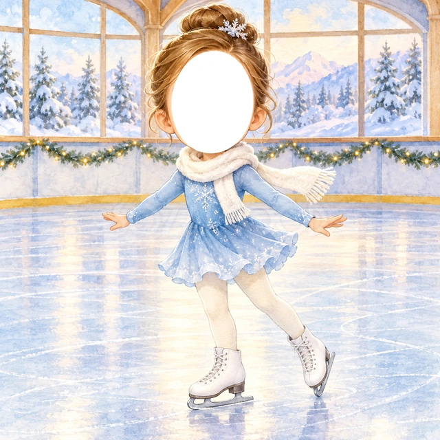 スケートの写真フレーム
淡い青の衣装と白いマフラーで、小さなスケート選手に変身できます。
両手を広げて滑る姿に、雪景色が見える明るいスケート場を合わせました。
初めてのスケートや冬の成長記録におすすめ。顔写真を入れて選手に変身できます。