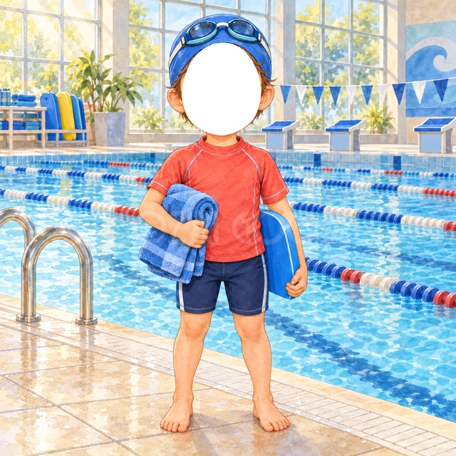 水泳の写真フレーム
青い水泳帽と赤いラッシュガードに、タオルとビート板を添えました。
顔を入れやすいようゴーグルは帽子の上に置き、明るいプールを描きました。
水泳教室を始めた記念や夏の成長記録におすすめ。顔写真を入れて選手に変身できます。