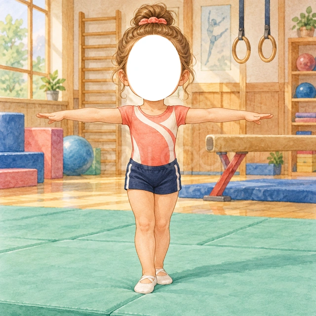 体操の写真フレーム
赤と白の運動着と紺の短パンで、体操選手に変身できます。
腕を左右に広げた立ち姿に、マットや平均台のある体育館を合わせました。
体操教室や運動会の思い出におすすめ。顔写真を入れて選手に変身できます。