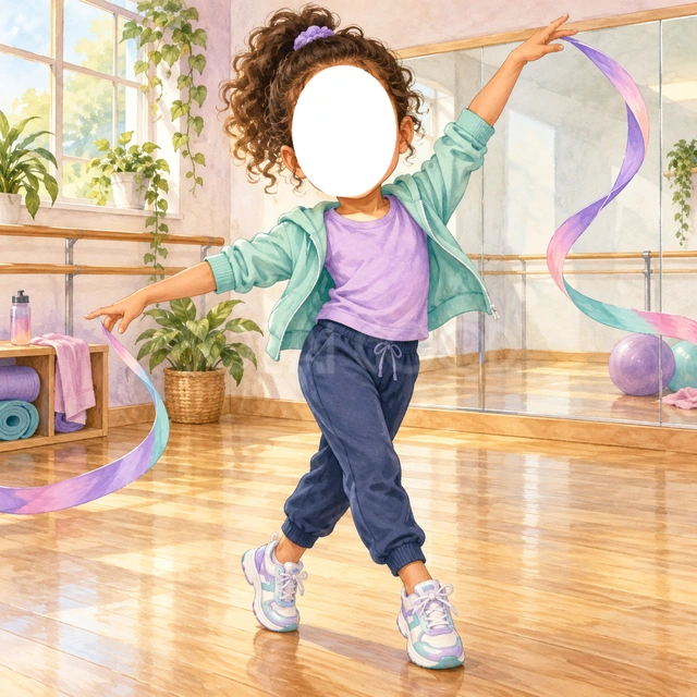ダンスの写真フレーム
紫のシャツと緑の上着で、元気なダンサーに変身できます。
両手を広げた動きのある姿とカラフルなリボンを、明るい練習室に描きました。
ダンスの習い事や発表会の記念におすすめ。顔写真を入れてダンサーに変身できます。