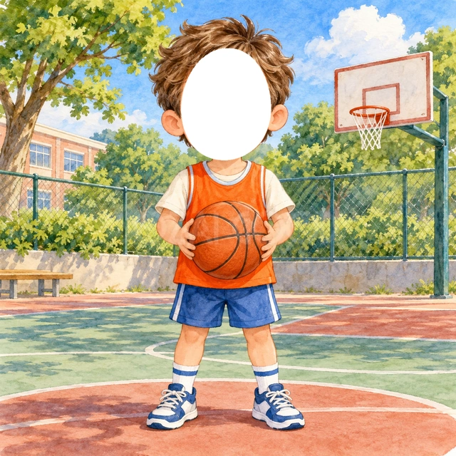 バスケットボールの写真フレーム
橙色のユニフォームと青い短パンで、バスケットボール選手に変身できます。
両手でボールを持つ姿と、緑に囲まれた屋外コートを描きました。
バスケットボール教室や大会の思い出におすすめ。顔写真を入れて選手に変身できます。