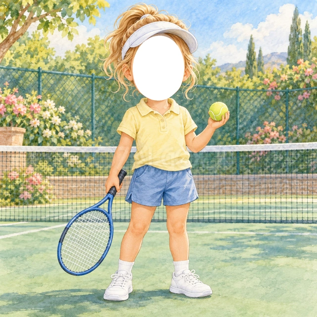 テニスの写真フレーム
黄色のシャツと青い短パン、白いサンバイザーを合わせました。
ラケットと黄緑のボールを持ち、花の咲くテニスコートを背景にしています。
テニスを始めた記念や練習の成長記録におすすめ。顔写真を入れて選手に変身できます。
