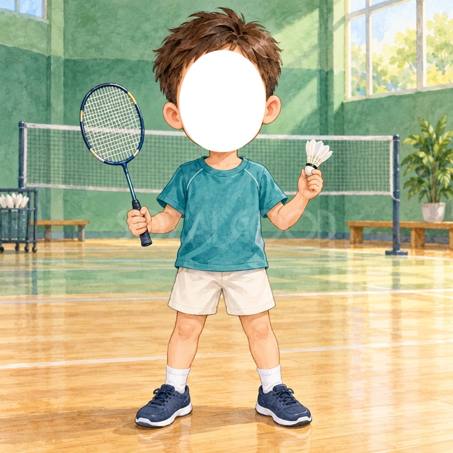 バドミントンの写真フレーム
青緑のシャツと白い短パンで、バドミントン選手に変身できます。
ラケットと白い羽根のシャトルを持つ姿に、体育館のネットを合わせました。
バドミントン教室や試合の記念におすすめ。顔写真を入れて選手に変身できます。