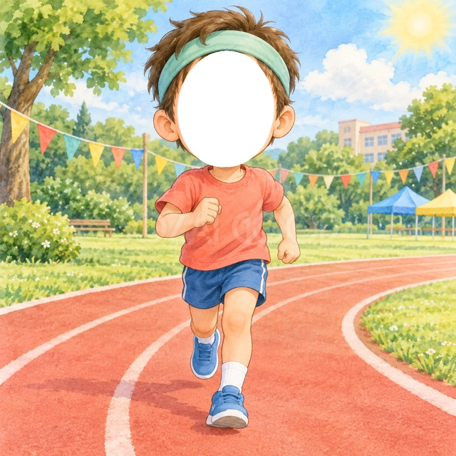 かけっこの写真フレーム
赤い運動着と青い短パン、緑のはちまきで、かけっこの選手に変身できます。
腕を振って走る姿を、旗の飾りと緑に囲まれた運動場に描きました。
運動会や初めてのかけっこの記念におすすめ。顔写真を入れて選手に変身できます。