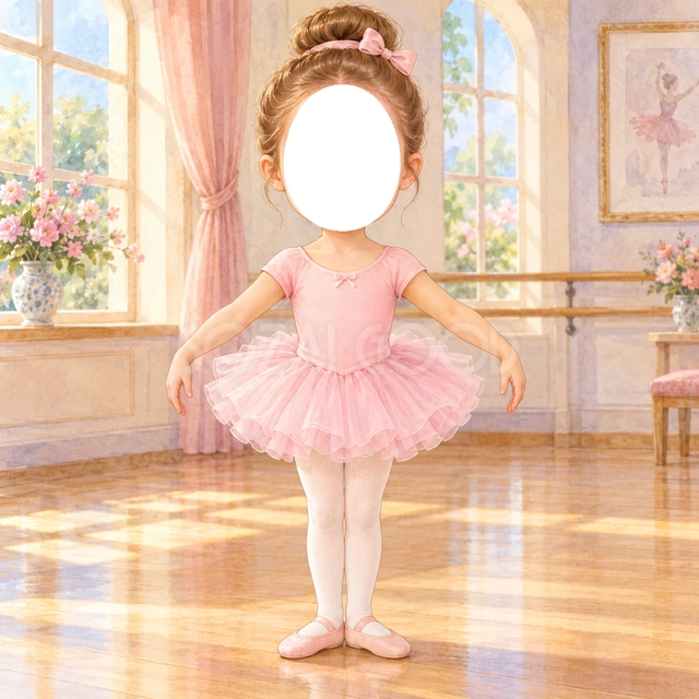 バレエの写真フレーム
桃色のチュチュと白いタイツで、バレエダンサーに変身できます。
腕を丸く開いた立ち姿と、窓から光が差し込む練習室を描きました。
バレエ教室を始めた記念や発表会の思い出におすすめ。顔写真を入れてダンサーに変身できます。