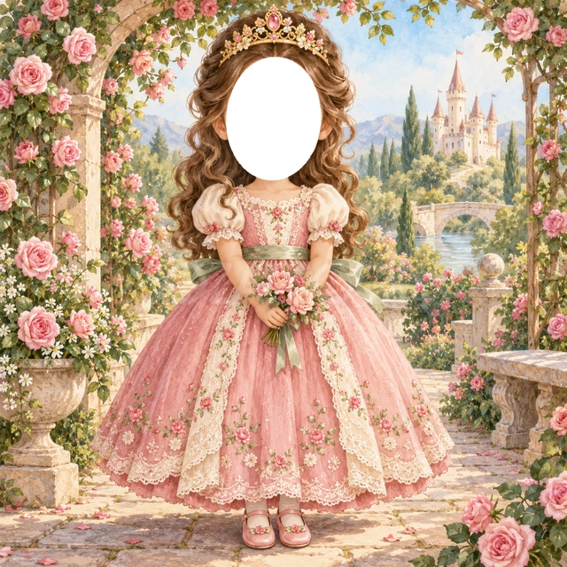 バラのお庭のプリンセス写真フレーム
桃色のドレスに白いレースと緑のリボンを添え、バラの花束を持たせました。
バラのアーチと遠くのお城を背景に、やさしい春の庭を描いています。
おめかしした記念写真や誕生日、成長アルバムにおすすめ。顔写真を入れてプリンセスに変身できます。