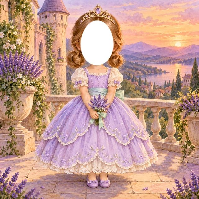 ラベンダーのお城のプリンセス写真フレーム
薄紫のドレスに白い袖とミント色のリボンを合わせました。
ラベンダーの花と丸い塔のお城がある、あたたかな夕暮れのテラスです。
おめかしした記念写真や誕生日、成長アルバムにおすすめ。顔写真を入れてプリンセスに変身できます。
