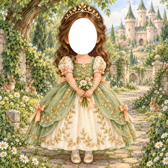 森のお城のプリンセス写真フレーム
緑と白のドレスに金色の葉の飾りと杏色のリボンを合わせました。
森の花束を持ち、うさぎがいる森の小道と、木々の向こうのお城を描きました。
おめかしした記念写真や誕生日、成長アルバムにおすすめ。顔写真を入れてプリンセスに変身できます。
