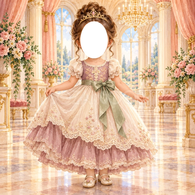 リボンの舞踏会のプリンセス写真フレーム
クリーム色と淡い紫のドレスに、大きな緑のリボンとレースを添えました。
花や桃色のカーテン、シャンデリアを飾った明るい舞踏会の広間です。
おめかしした記念写真や誕生日、成長アルバムにおすすめ。顔写真を入れてプリンセスに変身できます。