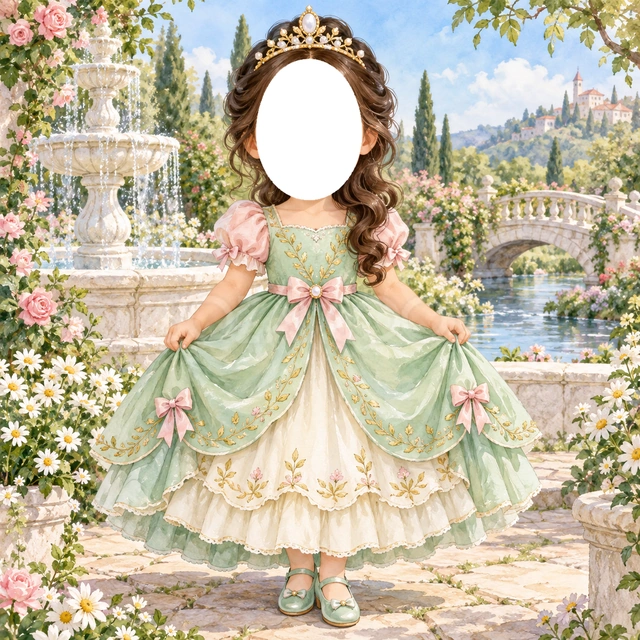 ミント色の噴水のプリンセス写真フレーム
ミント色のドレスに白いスカートと桃色の飾りを合わせました。
噴水や白い小花、庭の小さな橋を描いた、明るい水彩イラストです。
おめかしした記念写真や誕生日、成長アルバムにおすすめ。顔写真を入れてプリンセスに変身できます。