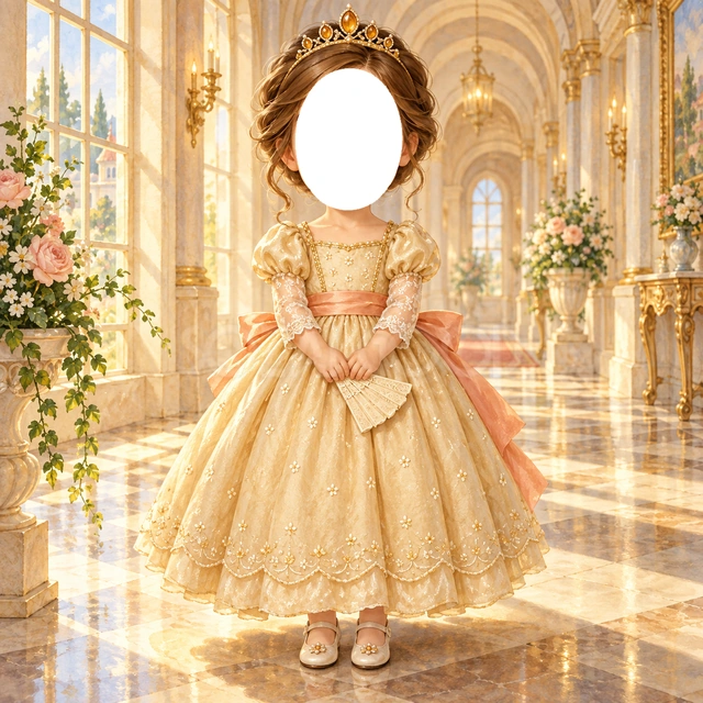 金色の宮殿のプリンセス写真フレーム
淡い金色のドレスに桃色のリボンを添え、白い扇を持たせました。
大きな窓から光が差し込む、花を飾った宮殿を背景にしています。
おめかしした記念写真や誕生日、成長アルバムにおすすめ。顔写真を入れてプリンセスに変身できます。