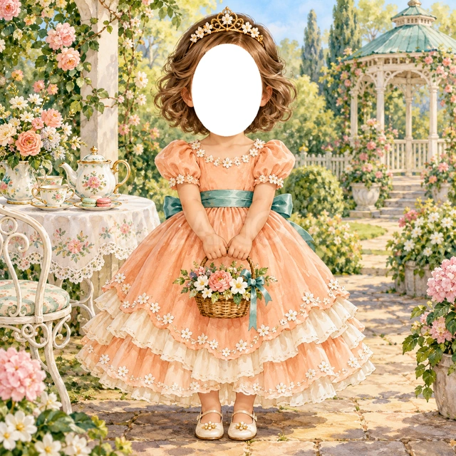 お庭のお茶会のプリンセス写真フレーム
杏色のドレスに白いフリルと青緑のリボンを合わせました。
花かごを持った姿に、庭のお茶会とかわいいあずまやを添えています。
おめかしした記念写真や誕生日、成長アルバムにおすすめ。顔写真を入れてプリンセスに変身できます。