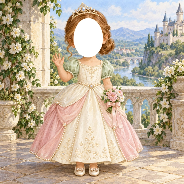 真珠のバルコニーのプリンセス写真フレーム
真珠色のドレスにミント色の袖と桃色の飾りを合わせました。
白い花が咲くバルコニーから、川と丘を見渡す穏やかなデザインです。
おめかしした記念写真や誕生日、成長アルバムにおすすめ。顔写真を入れてプリンセスに変身できます。