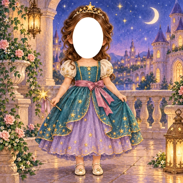 星空のプリンセス写真フレーム
青緑と薄紫のドレスに小さな金色の星を飾りました。
星の杖とティアラを添え、月と灯りが輝くお城のテラスを描いています。
おめかしした記念写真や誕生日、成長アルバムにおすすめ。顔写真を入れてプリンセスに変身できます。