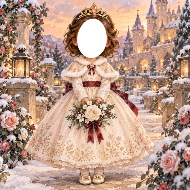 冬のお庭のプリンセス写真フレーム
白と淡い桃色の冬のドレスに、落ち着いた赤のリボンを添えました。
小さなケープと冬の花束を合わせ、雪のお庭とあたたかな灯りを描きました。
おめかしした記念写真や誕生日、成長アルバムにおすすめ。顔写真を入れてプリンセスに変身できます。