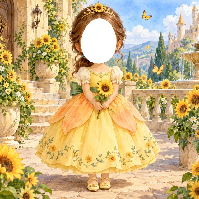 ひまわりのお庭のプリンセス写真フレーム
淡い黄色のドレスに杏色の花びらの飾りと緑のリボンを合わせました。
ひまわりの花と小さなティアラを添え、青空のお城のお庭を描いています。
おめかしした記念写真や誕生日、成長アルバムにおすすめ。顔写真を入れてプリンセスに変身できます。