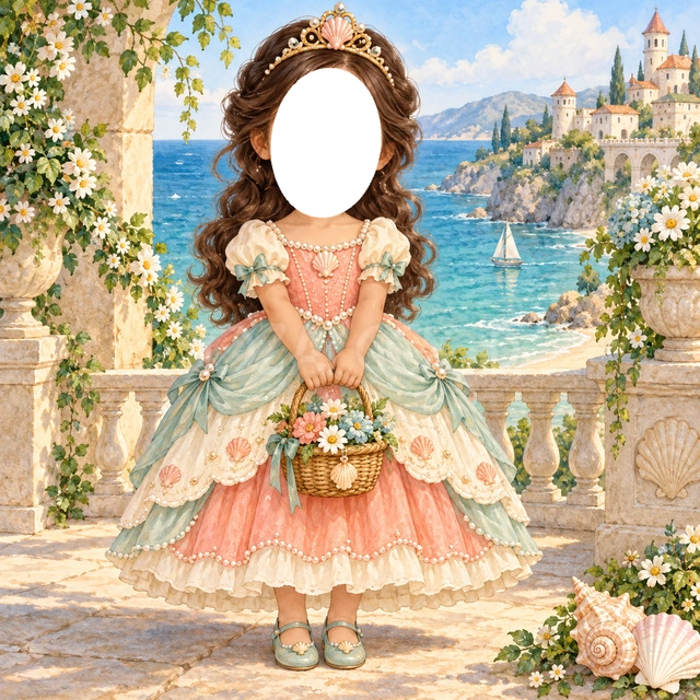 海辺のお城のプリンセス写真フレーム
淡い珊瑚色とミント色のドレスに、貝の形の小さな飾りを添えました。
真珠のティアラと花かごを合わせ、青い海を見渡すお城のテラスを描いています。
おめかしした記念写真や誕生日、成長アルバムにおすすめ。顔写真を入れてプリンセスに変身できます。