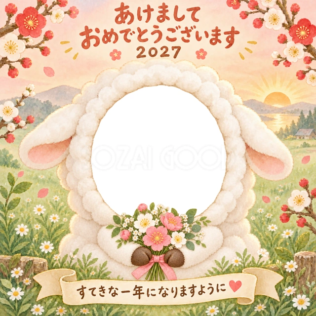 紅白の梅と初日の出を背景に、羊がピンクと白の花束を抱えています。
もこもこの毛と優しい花色で、子どもの顔写真を明るく引き立てます。
新年の挨拶や、おじいちゃん・おばあちゃんへ送る成長記録におすすめです。
写真窓に顔を合わせ、手書きの新年の挨拶と一緒に楽しめます。