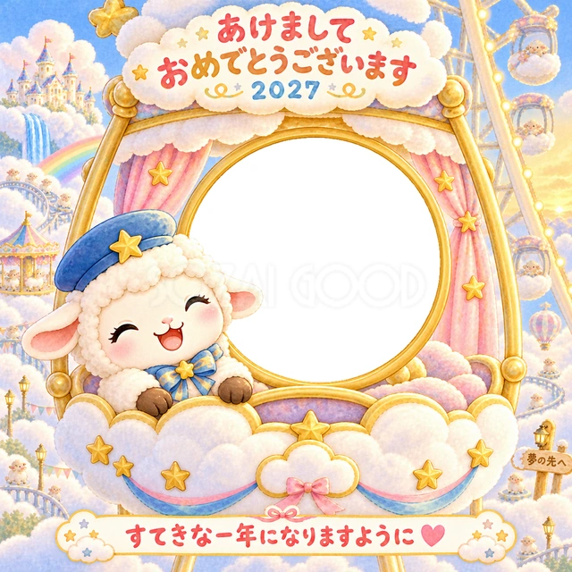 空に浮かぶ観覧車のゴンドラから、楽しい新年の冒険へ出発します。
雲のお城と淡い虹が広がる、絵本のような水彩イラストです。
遊園地が好きな子どもの写真や、わくわくする年賀状におすすめです。
写真窓に顔を合わせ、手書きの新年の挨拶と一緒に楽しめます。