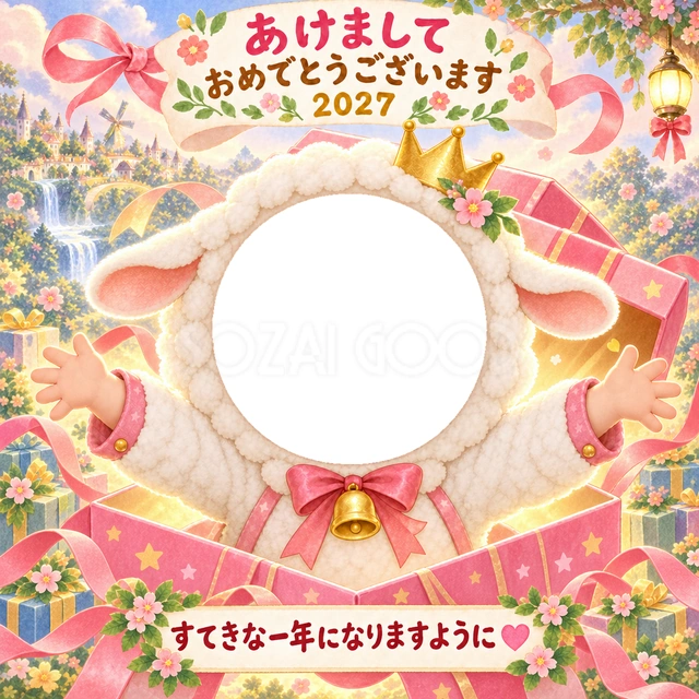 大きなピンクの箱から飛び出す羊が、両手を広げて新年をお祝いします。
王冠とリボン、光が広がる背景で、写真が楽しい贈り物になります。
親戚へ笑顔を届けたいときや、元気いっぱいの子どもの写真におすすめです。
写真窓に顔を合わせ、手書きの新年の挨拶と一緒に楽しめます。