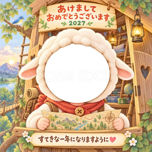 木の小屋の窓から地図を広げ、羊と新しい冒険を計画します。
木の質感と緑の葉、柔らかな灯りが、温かい秘密基地を演出します。
探検ごっこや自然が好きな子どもの写真入り年賀状におすすめです。
写真窓に顔を合わせ、手書きの新年の挨拶と一緒に楽しめます。