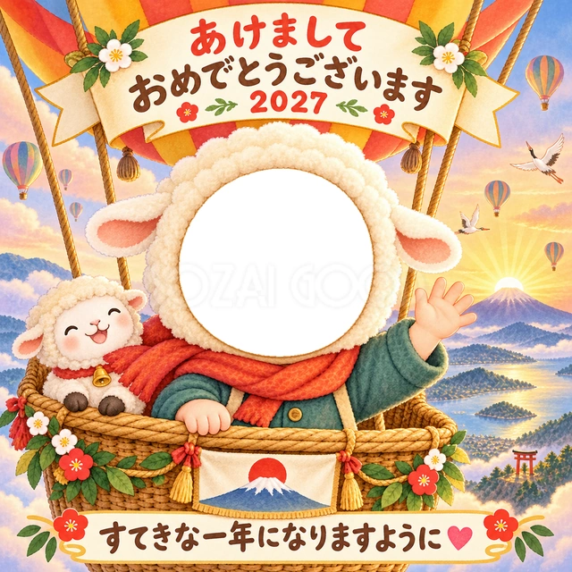 羊と一緒に気球へ乗り、富士山と初日の出を空から眺めます。
赤いマフラーと温かな朝焼けが、新しい一年の始まりを彩ります。
旅行好きな家族や、子どもの笑顔を届ける写真入り年賀状におすすめです。
写真窓に顔を合わせ、手書きの新年の挨拶と一緒に楽しめます。