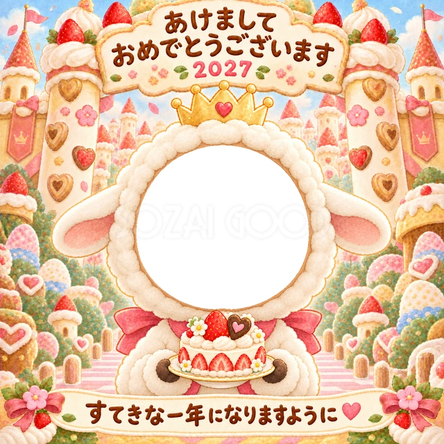 いちごとクリームのお城で、羊が華やかなケーキを運んでいます。
ピンクのリボンと王冠が、お祝いらしい可愛さを添えます。
甘いお菓子が好きな子どもや、特別感のある新年の挨拶におすすめです。
写真窓に顔を合わせ、手書きの新年の挨拶と一緒に楽しめます。