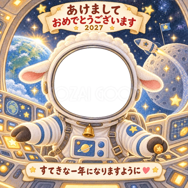 宇宙服を着た羊が、星や惑星に囲まれた操縦席で新年を迎えます。
青と金色のきらめきが、顔写真を宇宙の主人公として飾ります。
宇宙やロケットが好きな子どもへ、夢いっぱいの年賀状におすすめです。
写真窓に顔を合わせ、手書きの新年の挨拶と一緒に楽しめます。