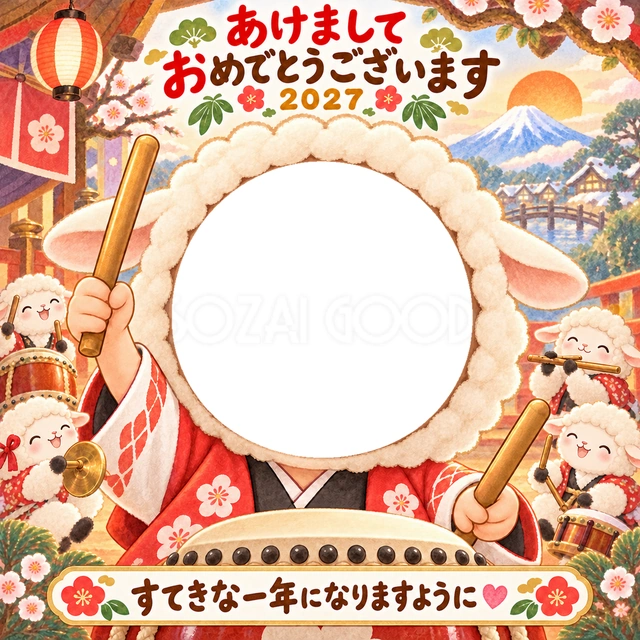 羊の仲間たちと一緒に太鼓をたたく、にぎやかな新年の音楽会です。
赤い衣装と桜の背景で、楽しいお祝いの雰囲気を演出します。
音楽やお祭りが好きな子ども、明るい笑顔の写真におすすめです。
写真窓に顔を合わせ、手書きの新年の挨拶と一緒に楽しめます。