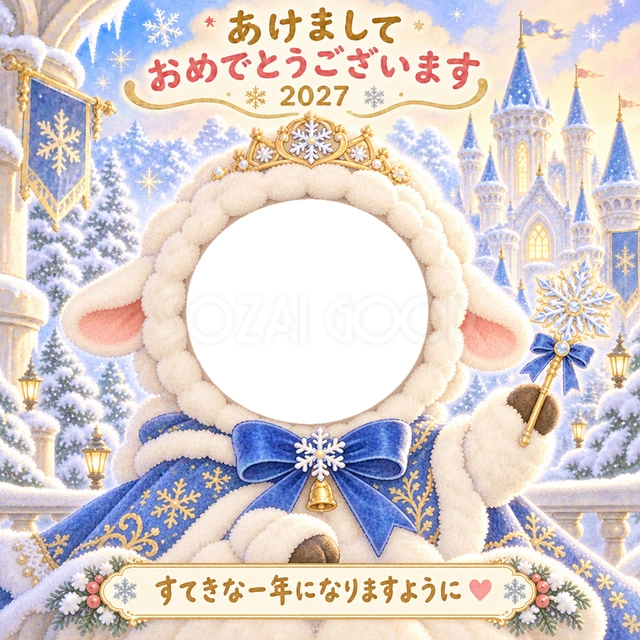 青と金色のマントをまとった羊が、雪の杖を持ってお城へ案内します。
雪の結晶や灯りがきらめく、冬の絵本のような水彩イラストです。
お城や雪景色が好きな子ども、上品で華やかな年賀状におすすめです。
写真窓に顔を合わせ、手書きの新年の挨拶と一緒に楽しめます。