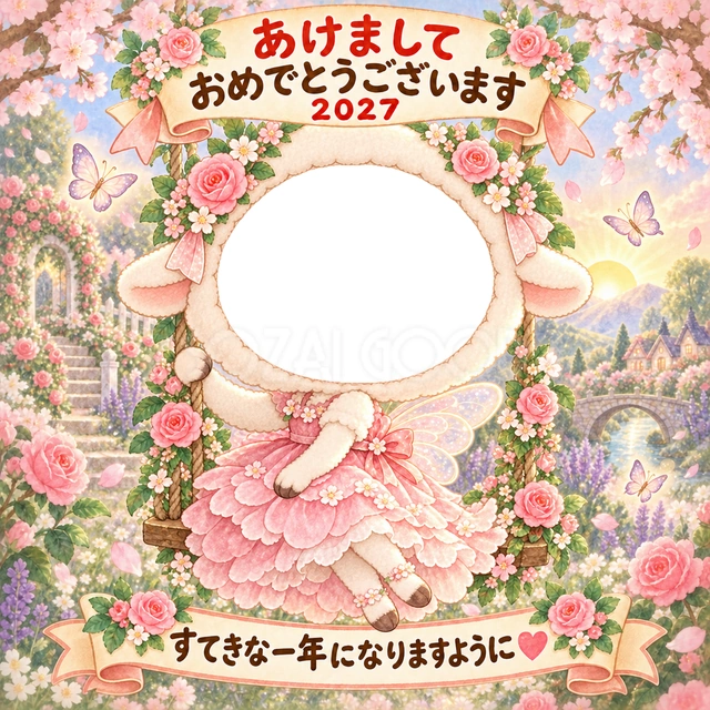 花びらのドレスと透き通る羽をまとい、花のブランコに乗る羊の妖精です。
ピンクのバラや桜、蝶が広がり、女の子の顔写真が可愛く映えます。
妖精やお花が好きな子ども、華やかな新年の挨拶におすすめです。
写真窓に顔を合わせ、手書きの新年の挨拶と一緒に楽しめます。
