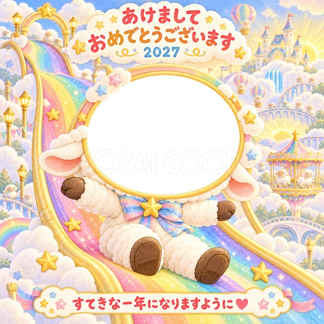 虹のすべり台を滑る、もこもこの羊の衣装を描きました。
体の動きと雲の景色が、元気でわくわくする新年を演出します。
笑顔の顔写真や、遊びが大好きな子どもの成長記録におすすめです。
手書きの新年の挨拶と「すてきな一年になりますように」を添えています。