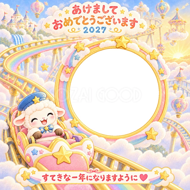 星の形の乗り物が虹色のレールを進む、空のジェットコースターです。
小さな羊と手元のバーが、楽しい遊園地の雰囲気を添えます。
乗り物が大好きな子どもや、元気な笑顔の年賀状におすすめです。
手書きの新年の挨拶と「すてきな一年になりますように」を添えています。