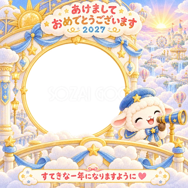 雲の展望台に大きな写真窓を設け、初日の出の空を描きました。
金色の光と青いリボン、羊の案内役が新しい一年を明るく飾ります。
顔や上半身の写真を合わせ、祖父母や親戚への新年の挨拶におすすめです。
手書きの新年の挨拶と「すてきな一年になりますように」を添えています。