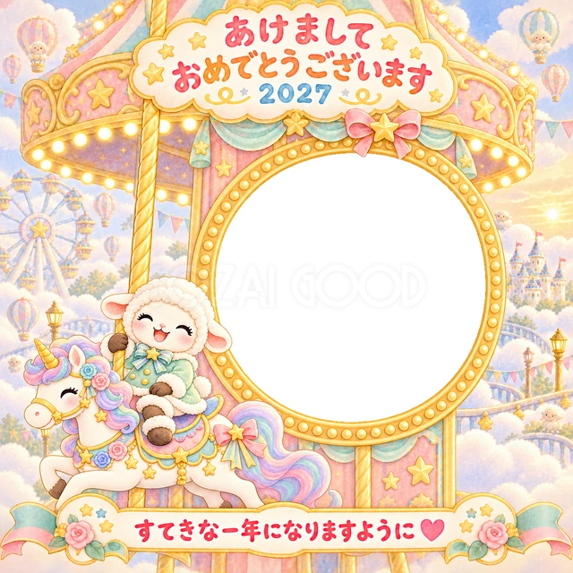 ユニコーンの乗り物と小さな羊が、雲のメリーゴーラウンドを楽しみます。
金色の支柱や淡い色の飾りを合わせた、夢いっぱいの水彩イラストです。
顔や上半身の写真を窓へ入れて、子どもの笑顔を華やかに飾れます。
手書きの新年の挨拶と「すてきな一年になりますように」を添えています。