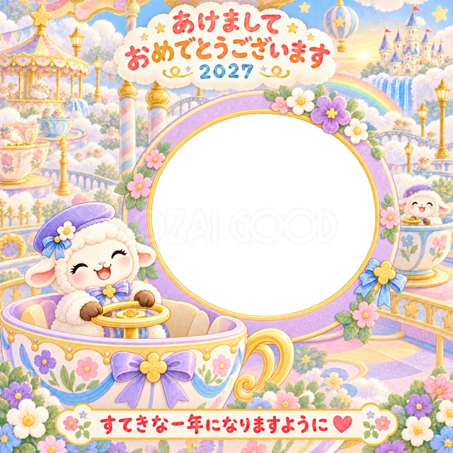 淡い紫の大きなティーカップで、くるくる回る遊園地の乗り物を描きました。
下にあるハンドルと花飾りが、楽しい遊びの雰囲気を添えます。
ティーカップが好きな子どもや、明るい写真入り年賀状におすすめです。
手書きの新年の挨拶と「すてきな一年になりますように」を添えています。