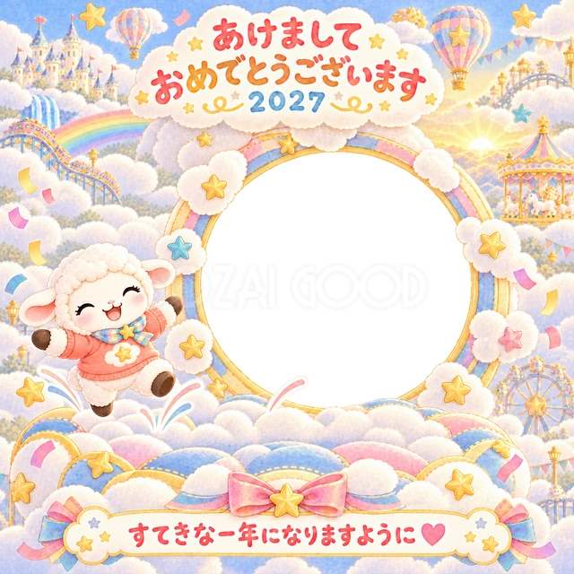 雲のトランポリンで跳ねる小さな羊を、動きのある姿で描きました。
柔らかな雲と虹色の飾りが、元気いっぱいの新年を演出します。
よく笑う子どもの顔写真や、家族へ送る楽しい成長記録におすすめです。
手書きの新年の挨拶と「すてきな一年になりますように」を添えています。