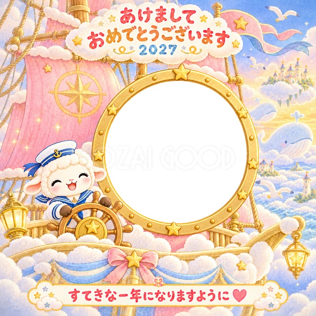 雲の海を進む船で、羊の船長さんが案内する一場面を描きました。
船のかじと帆、空の景色を合わせた、冒険心のある水彩イラストです。
船や探検が好きな子どもの顔写真、新年の挨拶におすすめです。
手書きの新年の挨拶と「すてきな一年になりますように」を添えています。