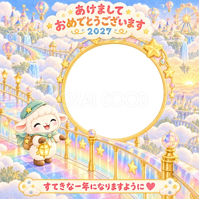 雲の間にかかる虹の橋で、羊の探検家が冒険を楽しみます。
小さな灯りと淡い空の街並みが、温かな新年の物語を作ります。
探検ごっこや虹が好きな子どもの顔写真におすすめです。
手書きの新年の挨拶と「すてきな一年になりますように」を添えています。