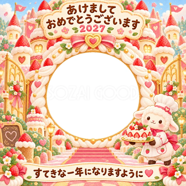 いちごとクリームでできたケーキのお城に、大きな写真窓を設けました。
ケーキを運ぶ小さな羊と金色の飾りが、甘いお祝いの世界へ案内します。
お菓子が好きな子どもの笑顔や、祖父母へ送る新年の挨拶におすすめです。
手書きの新年の挨拶と「すてきな一年になりますように」を添えています。