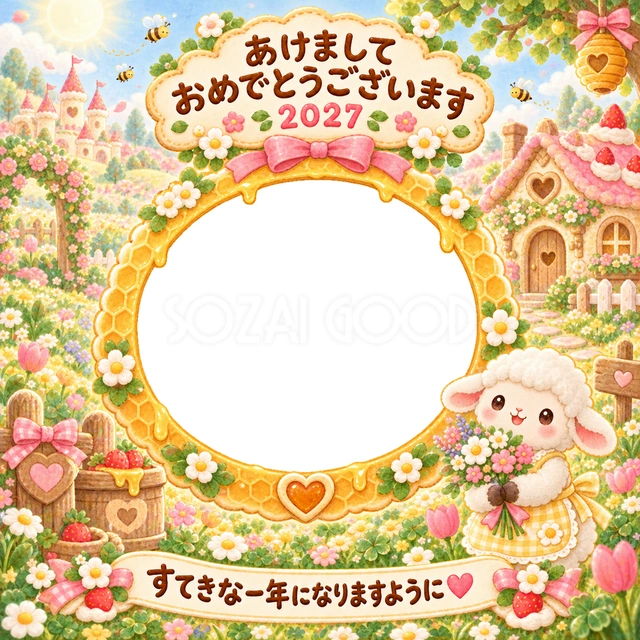 はちみつ色の花畑で、小さな羊が花束を抱える温かな場面です。
金色の写真窓とビスケットの小屋で、笑顔を明るく包み込みます。
お花や自然が好きな子どもの写真、祖父母への年賀状におすすめです。
手書きの新年の挨拶と「すてきな一年になりますように」を添えています。