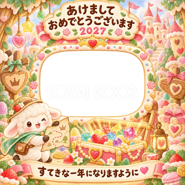ビスケットの森で、お菓子がいっぱいの宝箱を見つけました。
地図を持つ小さな羊と宝石のようなゼリーが、冒険の気分を盛り上げます。
探検や宝探しが好きな子どもの写真を、新年の楽しい贈り物にできます。
手書きの新年の挨拶と「すてきな一年になりますように」を添えています。