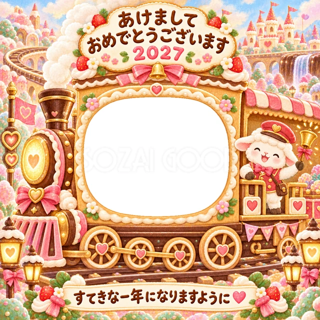 クッキーの汽車が、チョコレートの線路を走る場面を描きました。
車両の写真窓とベルを鳴らす羊の車掌さんで、楽しい出発を表現します。
電車好きな子どもの成長記録や、家族への写真入り年賀状におすすめです。
手書きの新年の挨拶と「すてきな一年になりますように」を添えています。