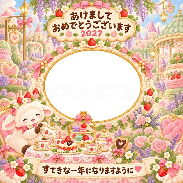 マカロンのお庭で、小さな羊がお茶を注ぐかわいいお茶会です。
淡い紫やミント色の飾りと大きな写真窓が、笑顔を優しく引き立てます。
おままごとや甘いお菓子が好きな子どもの新年の挨拶におすすめです。
手書きの新年の挨拶と「すてきな一年になりますように」を添えています。