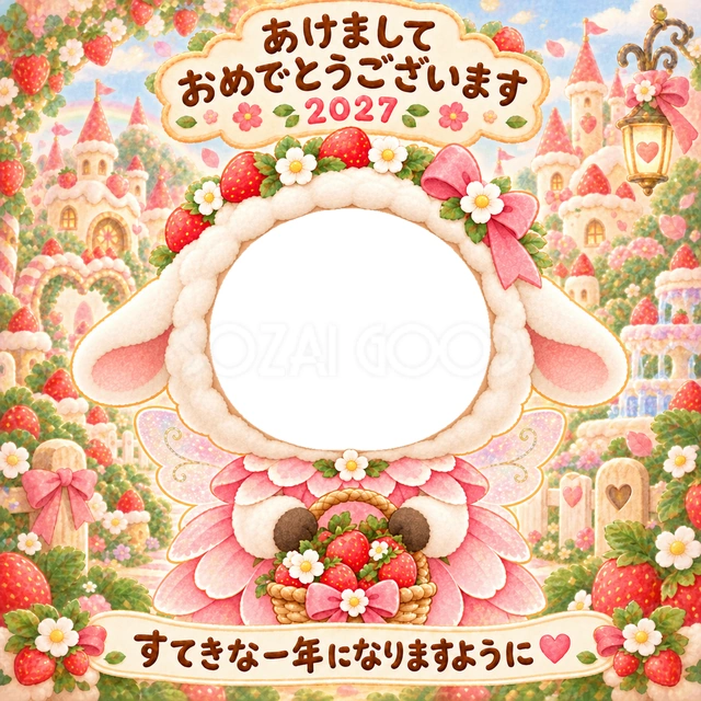いちごの花畑で、花びらのドレスを着た羊の妖精に変身できます。
透き通る羽といちごのかごを合わせた、華やかな水彩イラストです。
妖精やお花が好きな子どもの顔写真を、かわいい年賀状に飾れます。
手書きの新年の挨拶と「すてきな一年になりますように」を添えています。