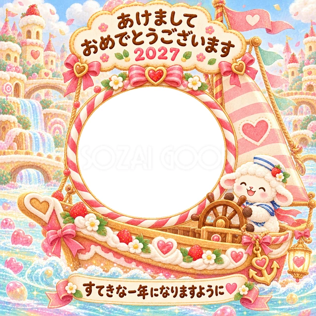 キャンディーの帆船が、淡い色のソーダの川を進んでいます。
大きな写真窓と船を操る小さな羊が、甘い世界の冒険を演出します。
船や探検が好きな子どもの写真、新年の成長報告におすすめです。
手書きの新年の挨拶と「すてきな一年になりますように」を添えています。