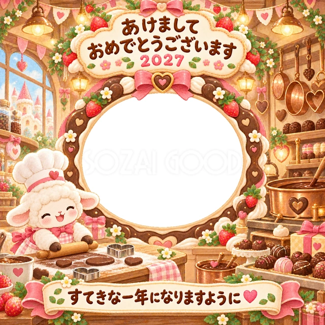 チョコレートの工房で、羊のお菓子職人が楽しく作業しています。
温かな道具やお菓子の飾りで、写真を優しいお店の場面に包みます。
お料理やお菓子作りが好きな子どもの写真入り年賀状におすすめです。
手書きの新年の挨拶と「すてきな一年になりますように」を添えています。