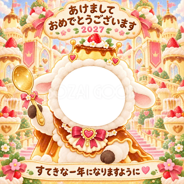 プリンの宮殿で、王冠をかぶった羊の衣装に顔写真を入れられます。
カラメル色のマントと金色のスプーンで、お祝いの特別感を添えます。
お姫さまや王子さまごっこが好きな子どもの新年の挨拶におすすめです。
手書きの新年の挨拶と「すてきな一年になりますように」を添えています。