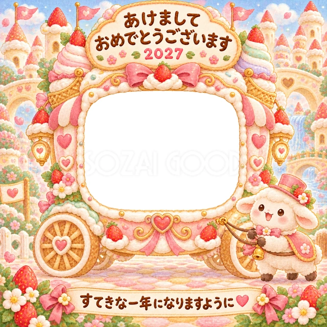 アイスクリームの馬車に、大きな写真窓を設けた華やかな一枚です。
焼き菓子の車輪と淡い色の飾り、小さな羊の案内役が夢の世界へ誘います。
アイスが好きな子どもの笑顔や、親戚へ送る成長記録におすすめです。
手書きの新年の挨拶と「すてきな一年になりますように」を添えています。